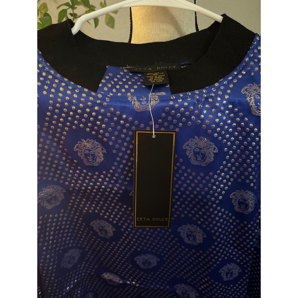 Ceta Dolce Mens 2XL Silk Blend Blue Gold Medusa Polka Dot Metallic Shirt‎ NWT - Picture 2 of 4